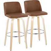 Toriano 30" Swivel Bar Stool in Natural Wood & Camel Leatherette with Chrome Footrest (Set of 2)